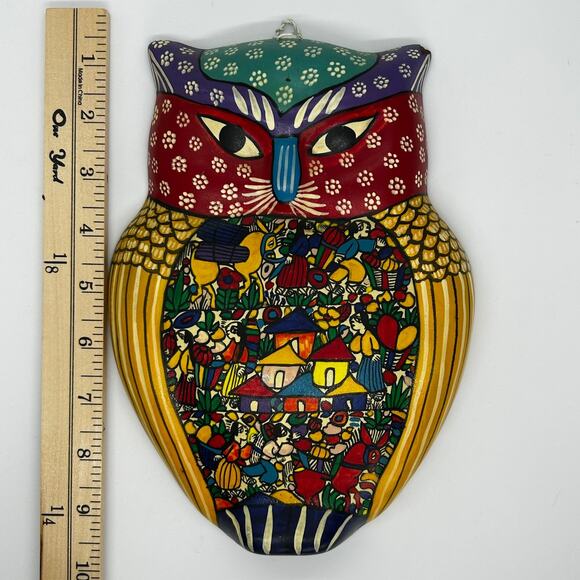 Mexican Folk Art Story Set of 2 Terra Cotta Hand painted Owls - Picture 2 of 3